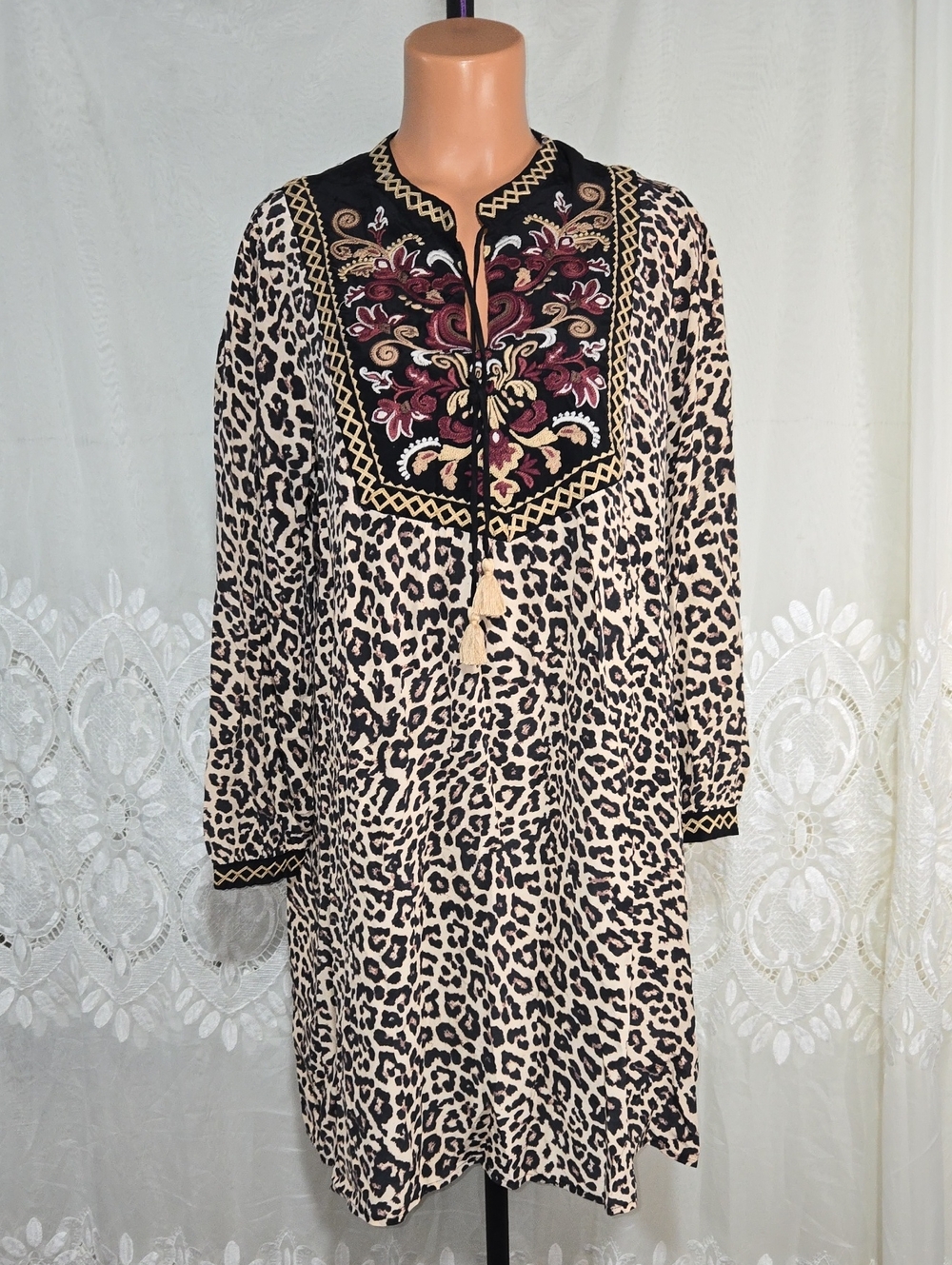 Johnny Was Tassle Yoke Dress Embroidered Leopard Print NWT Sz Medium